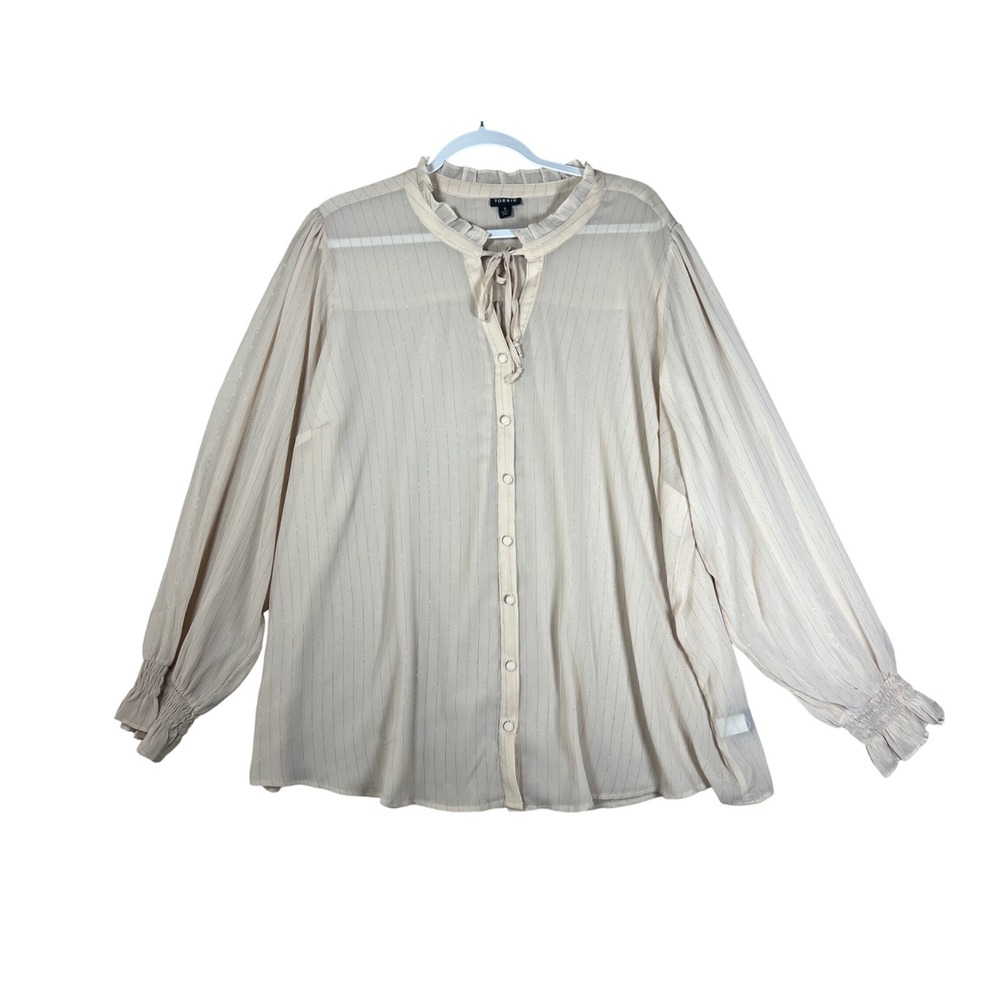 Torrid Cream‎ Gold Metallic Pinstripe Ruffle Neck Button Blouse Plus Size 3 3X